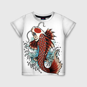 Детская футболка 3D с принтом Карп Кои (Япония) в Новосибирске, 100% гипоаллергенный полиэфир | прямой крой, круглый вырез горловины, длина до линии бедер, чуть спущенное плечо, ткань немного тянется | Тематика изображения на принте: fish | japan | koi | животные | иероглифы | карпы | кои | рыбы | цветы | япония