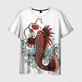 Мужская футболка 3D с принтом Карп Кои (Япония) в Новосибирске, 100% полиэфир | прямой крой, круглый вырез горловины, длина до линии бедер | Тематика изображения на принте: fish | japan | koi | животные | иероглифы | карпы | кои | рыбы | цветы | япония