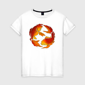 Женская футболка хлопок с принтом Карпы Кои в Новосибирске, 100% хлопок | прямой крой, круглый вырез горловины, длина до линии бедер, слегка спущенное плечо | fish | japan | koi | животные | иероглифы | карпы | кои | рыбы | цветы | япония