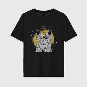 Женская футболка хлопок Oversize с принтом Лунный котик в Новосибирске, 100% хлопок | свободный крой, круглый ворот, спущенный рукав, длина до линии бедер
 | astro | cat | esoteric | kitten | kitty | moon cat | stars | taro | tarot | астро | астрология | гадалка | гадание | звезды | каббала | карта таро | карта таро с котом | кот | кот с луной | котенок | кошка | луна | нумерология
