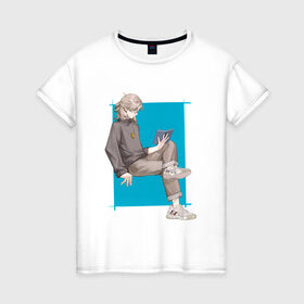 Женская футболка хлопок с принтом Современный Альбедо в Новосибирске, 100% хлопок | прямой крой, круглый вырез горловины, длина до линии бедер, слегка спущенное плечо | Тематика изображения на принте: альбедо | арт | блондин | милый парень | рисунок