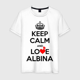 Мужская футболка хлопок с принтом Будь спок и люби Альбину в Новосибирске, 100% хлопок | прямой крой, круглый вырез горловины, длина до линии бедер, слегка спущенное плечо. | Тематика изображения на принте: albina | hearts | keep calm and | love | альбина | любите | любовь | сердца | сохраняйте | спокойствие