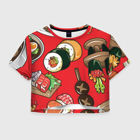 Женская футболка Crop-top 3D с принтом Еда в Новосибирске, 100% полиэстер | круглая горловина, длина футболки до линии талии, рукава с отворотами | еда | роллы | суши | шашлык | яичница