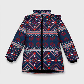 Зимняя куртка для девочек 3D с принтом Русские народные узоры в Новосибирске, ткань верха — 100% полиэстер; подклад — 100% полиэстер, утеплитель — 100% полиэстер. | длина ниже бедра, удлиненная спинка, воротник стойка и отстегивающийся капюшон. Есть боковые карманы с листочкой на кнопках, утяжки по низу изделия и внутренний карман на молнии. 

Предусмотрены светоотражающий принт на спинке, радужный светоотражающий элемент на пуллере молнии и на резинке для утяжки. | deer | folk patterns | patterns | russian patterns | slavic clothing | slavic style | народные узоры | олень | русские узоры | славянская одежда | славянский стиль | узоры