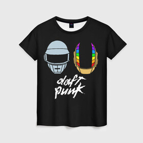 Женская футболка 3D с принтом Daft Punk в Новосибирске, 100% полиэфир ( синтетическое хлопкоподобное полотно) | прямой крой, круглый вырез горловины, длина до линии бедер | daft punk | дафт панк | дафт панк арт | дафт панк шлемы | электронная музыка