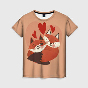 Женская футболка 3D с принтом Влюбленные Лисички в Новосибирске, 100% полиэфир ( синтетическое хлопкоподобное полотно) | прямой крой, круглый вырез горловины, длина до линии бедер | fox | fox love | влюбленные лисички | лисы | сердца