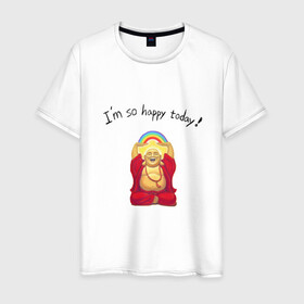 Мужская футболка хлопок с принтом Будда -Я так счастлив сегодня! в Новосибирске, 100% хлопок | прямой крой, круглый вырез горловины, длина до линии бедер, слегка спущенное плечо. | Тематика изображения на принте: buddha | happy | siddhartha gautama | будда | будда шакьямуни | буддизм | духовность | медитация | сиддхартха гаутама | смех | счастливый | счастье | улыбка | я так счастлив сегодня