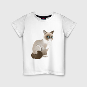 Детская футболка хлопок с принтом Grumpy Cat в Новосибирске, 100% хлопок | круглый вырез горловины, полуприлегающий силуэт, длина до линии бедер | grumpy cat | грустный кот | кот мем | мем | сердитая кошка
