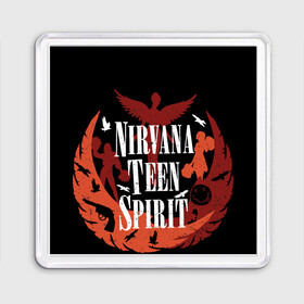 Магнит 55*55 с принтом NIRVANA TEEN SPIRIT в Новосибирске, Пластик | Размер: 65*65 мм; Размер печати: 55*55 мм | art | cobain | curt | girl | grunge | metal | music | nirvana | punk | rock | spiritm | usa | гранж | группа | кобэйн | курт | метал | музыка | нирвана | панк | рисунок | рок | сша