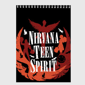 Скетчбук с принтом NIRVANA TEEN SPIRIT в Новосибирске, 100% бумага
 | 48 листов, плотность листов — 100 г/м2, плотность картонной обложки — 250 г/м2. Листы скреплены сверху удобной пружинной спиралью | Тематика изображения на принте: art | cobain | curt | girl | grunge | metal | music | nirvana | punk | rock | spiritm | usa | гранж | группа | кобэйн | курт | метал | музыка | нирвана | панк | рисунок | рок | сша