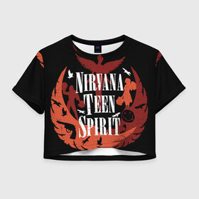 Женская футболка Crop-top 3D с принтом NIRVANA TEEN SPIRIT в Новосибирске, 100% полиэстер | круглая горловина, длина футболки до линии талии, рукава с отворотами | art | cobain | curt | girl | grunge | metal | music | nirvana | punk | rock | spiritm | usa | гранж | группа | кобэйн | курт | метал | музыка | нирвана | панк | рисунок | рок | сша