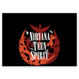 Поздравительная открытка с принтом NIRVANA TEEN SPIRIT в Новосибирске, 100% бумага | плотность бумаги 280 г/м2, матовая, на обратной стороне линовка и место для марки
 | Тематика изображения на принте: art | cobain | curt | girl | grunge | metal | music | nirvana | punk | rock | spiritm | usa | гранж | группа | кобэйн | курт | метал | музыка | нирвана | панк | рисунок | рок | сша