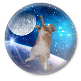 Значок с принтом Кисулькин в космосе в Новосибирске,  металл | круглая форма, металлическая застежка в виде булавки | астроном пушистый | барсик | звезды | космос | котики | коты