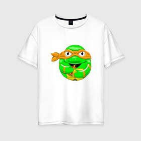 Женская футболка хлопок Oversize с принтом Микеланджело с пиццей в Новосибирске, 100% хлопок | свободный крой, круглый ворот, спущенный рукав, длина до линии бедер
 | donatello | leonardo | michelangelo | ninja | pizza | raphael | turtles | донателло | животные | карате | комикс | комиксы | леонардо | микеланджело | мультфильм | мутант | мутанты | ниндзя | пицца | рафаэль | сплинтер | супергерой