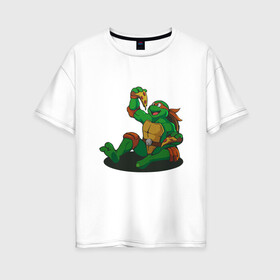 Женская футболка хлопок Oversize с принтом Pizza - Ninja Turtles в Новосибирске, 100% хлопок | свободный крой, круглый ворот, спущенный рукав, длина до линии бедер
 | donatello | leonardo | michelangelo | ninja | pizza | raphael | turtles | донателло | животные | карате | комикс | комиксы | леонардо | микеланджело | мультфильм | мутант | мутанты | ниндзя | пицца | рафаэль | сплинтер | супергерой