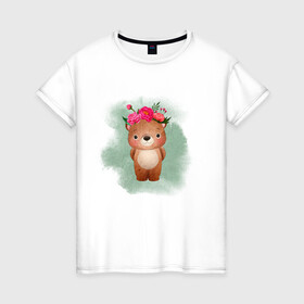 Женская футболка хлопок с принтом Мишка в Новосибирске, 100% хлопок | прямой крой, круглый вырез горловины, длина до линии бедер, слегка спущенное плечо | венок | косолапый | лес | мишка | цветы