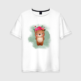 Женская футболка хлопок Oversize с принтом Мишка в Новосибирске, 100% хлопок | свободный крой, круглый ворот, спущенный рукав, длина до линии бедер
 | венок | косолапый | лес | мишка | цветы