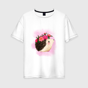 Женская футболка хлопок Oversize с принтом Ежик в Новосибирске, 100% хлопок | свободный крой, круглый ворот, спущенный рукав, длина до линии бедер
 | венок | еж | иголки | колючий | цветы