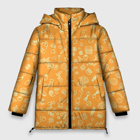Женская зимняя куртка Oversize с принтом оранжевая еда в Новосибирске, верх — 100% полиэстер; подкладка — 100% полиэстер; утеплитель — 100% полиэстер | длина ниже бедра, силуэт Оверсайз. Есть воротник-стойка, отстегивающийся капюшон и ветрозащитная планка. 

Боковые карманы с листочкой на кнопках и внутренний карман на молнии | еда | кофе | овощи | пончики | фрукты | чай
