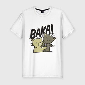 Мужская футболка хлопок Slim с принтом Baka! в Новосибирске, 92% хлопок, 8% лайкра | приталенный силуэт, круглый вырез ворота, длина до линии бедра, короткий рукав | animals | cat | drawing | punch | slap | животные | кот | кошка | пощечина | рисунок | удар