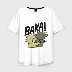 Мужская футболка хлопок Oversize с принтом Baka! в Новосибирске, 100% хлопок | свободный крой, круглый ворот, “спинка” длиннее передней части | animals | cat | drawing | punch | slap | животные | кот | кошка | пощечина | рисунок | удар