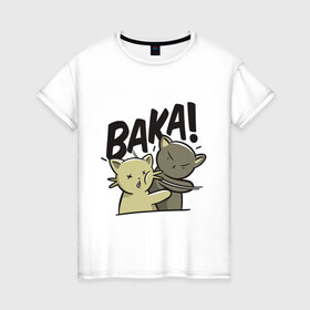 Женская футболка хлопок с принтом Baka! в Новосибирске, 100% хлопок | прямой крой, круглый вырез горловины, длина до линии бедер, слегка спущенное плечо | animals | cat | drawing | punch | slap | животные | кот | кошка | пощечина | рисунок | удар