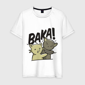 Мужская футболка хлопок с принтом Baka! в Новосибирске, 100% хлопок | прямой крой, круглый вырез горловины, длина до линии бедер, слегка спущенное плечо. | animals | cat | drawing | punch | slap | животные | кот | кошка | пощечина | рисунок | удар