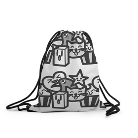 Рюкзак-мешок 3D с принтом Чёрно-белые дудлы в Новосибирске, 100% полиэстер | плотность ткани — 200 г/м2, размер — 35 х 45 см; лямки — толстые шнурки, застежка на шнуровке, без карманов и подкладки | doodle | белый | ворон | ворона | дудл | дудлы | звезда | кекс | кот | котэ | кошка | сердечко | сердце | чёрно белый | чёрный