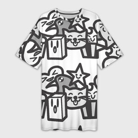 Платье-футболка 3D с принтом Чёрно белые дудлы в Новосибирске,  |  | doodle | белый | ворон | ворона | дудл | дудлы | звезда | кекс | кот | котэ | кошка | сердечко | сердце | чёрно белый | чёрный