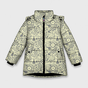 Зимняя куртка для девочек 3D с принтом Велосипедные части в Новосибирске, ткань верха — 100% полиэстер; подклад — 100% полиэстер, утеплитель — 100% полиэстер. | длина ниже бедра, удлиненная спинка, воротник стойка и отстегивающийся капюшон. Есть боковые карманы с листочкой на кнопках, утяжки по низу изделия и внутренний карман на молнии. 

Предусмотрены светоотражающий принт на спинке, радужный светоотражающий элемент на пуллере молнии и на резинке для утяжки. | biker | bmx | extreme | motocros | motox | mx | racing | speed | байкер | велик | велокросс | велосипед | велосипедный спорт | велоспорт | гонки | горный велоспорт | железный конь | кросс | мотоспорт | скорость