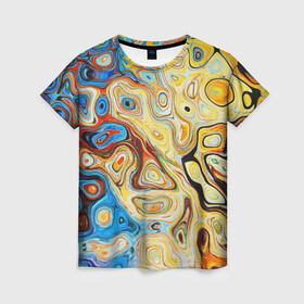 Женская футболка 3D с принтом Цветные абстрактные пятна в Новосибирске, 100% полиэфир ( синтетическое хлопкоподобное полотно) | прямой крой, круглый вырез горловины, длина до линии бедер | Тематика изображения на принте: colors | желтый | красный | оранжевый | синий | узоры | цвета | цветное