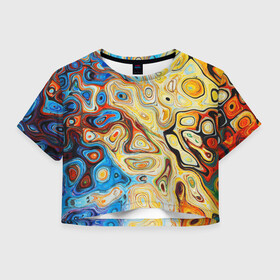 Женская футболка Crop-top 3D с принтом Цветные абстрактные пятна в Новосибирске, 100% полиэстер | круглая горловина, длина футболки до линии талии, рукава с отворотами | Тематика изображения на принте: colors | желтый | красный | оранжевый | синий | узоры | цвета | цветное