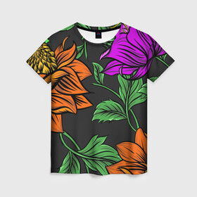 Женская футболка 3D с принтом Тропические цветы в Новосибирске, 100% полиэфир ( синтетическое хлопкоподобное полотно) | прямой крой, круглый вырез горловины, длина до линии бедер | flower | nature | лето | листья | оранжевый | природа | узор | цветок | цветы