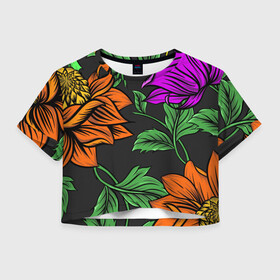 Женская футболка Crop-top 3D с принтом Тропические цветы в Новосибирске, 100% полиэстер | круглая горловина, длина футболки до линии талии, рукава с отворотами | flower | nature | лето | листья | оранжевый | природа | узор | цветок | цветы