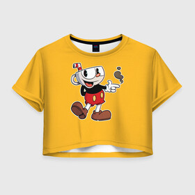 Женская футболка Crop-top 3D с принтом CUPHEAD КАПХЕД в Новосибирске, 100% полиэстер | круглая горловина, длина футболки до линии талии, рукава с отворотами | art | cartoon | cup | cuphead | devil | dice | game | king | mugman | the | арт | бос | босс | голова | демон | дьявол | игра | капхед | магмен | мультик | мультфильм | платформер | чаша | чашка | человек | черт