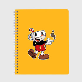 Тетрадь с принтом CUPHEAD КАПХЕД в Новосибирске, 100% бумага | 48 листов, плотность листов — 60 г/м2, плотность картонной обложки — 250 г/м2. Листы скреплены сбоку удобной пружинной спиралью. Уголки страниц и обложки скругленные. Цвет линий — светло-серый
 | art | cartoon | cup | cuphead | devil | dice | game | king | mugman | the | арт | бос | босс | голова | демон | дьявол | игра | капхед | магмен | мультик | мультфильм | платформер | чаша | чашка | человек | черт