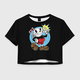 Женская футболка Crop-top 3D с принтом CUPHEAD КАПХЕД в Новосибирске, 100% полиэстер | круглая горловина, длина футболки до линии талии, рукава с отворотами | art | cartoon | cup | cuphead | devil | dice | game | king | mugman | the | арт | бос | босс | голова | демон | дьявол | игра | капхед | магмен | мультик | мультфильм | платформер | чаша | чашка | человек | черт