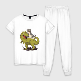 Женская пижама хлопок с принтом Хаски верхом на Динозавре в Новосибирске, 100% хлопок | брюки и футболка прямого кроя, без карманов, на брюках мягкая резинка на поясе и по низу штанин | dinosaur | dog | funny | husky | oil | rex | t rex | большой динозавр | в луже | динозавры приколы | лужа | маламут | нефть | огромный динозавр | порода | прикол | рекс | сибирский хаски | смешной хаски | собака