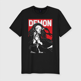 Мужская футболка хлопок Slim с принтом DEMON Kimetsu no Yaiba в Новосибирске, 92% хлопок, 8% лайкра | приталенный силуэт, круглый вырез ворота, длина до линии бедра, короткий рукав | demon slayer | kamado | kimetsu no yaiba | nezuko | tanjiro | аниме | гию томиока | зеницу агацума | иноске хашибира | камадо | клинок | корзинная девочка | манга | музан кибуцуджи | незуко | рассекающий демонов | танджиро