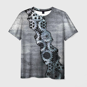 Мужская футболка 3D с принтом Шестеренки в Новосибирске, 100% полиэфир | прямой крой, круглый вырез горловины, длина до линии бедер | метал | механизм | разлом | сталь | шестеренки
