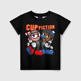 Детская футболка 3D с принтом CUP FICTION в Новосибирске, 100% гипоаллергенный полиэфир | прямой крой, круглый вырез горловины, длина до линии бедер, чуть спущенное плечо, ткань немного тянется | art | cartoon | cup | cuphead | devil | dice | fiction | game | king | mugman | pulp | the | арт | бос | босс | голова | демон | дьявол | игра | капхед | криминальное | магмен | мультик | мультфильм | платформер | чаша | чашка | человек | черт 