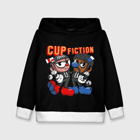 Детская толстовка 3D с принтом CUP FICTION в Новосибирске, 100% полиэстер | двухслойный капюшон со шнурком для регулировки, мягкие манжеты на рукавах и по низу толстовки, спереди карман-кенгуру с мягким внутренним слоем | Тематика изображения на принте: art | cartoon | cup | cuphead | devil | dice | fiction | game | king | mugman | pulp | the | арт | бос | босс | голова | демон | дьявол | игра | капхед | криминальное | магмен | мультик | мультфильм | платформер | чаша | чашка | человек | черт 