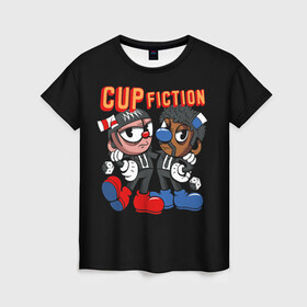 Женская футболка 3D с принтом CUP FICTION в Новосибирске, 100% полиэфир ( синтетическое хлопкоподобное полотно) | прямой крой, круглый вырез горловины, длина до линии бедер | art | cartoon | cup | cuphead | devil | dice | fiction | game | king | mugman | pulp | the | арт | бос | босс | голова | демон | дьявол | игра | капхед | криминальное | магмен | мультик | мультфильм | платформер | чаша | чашка | человек | черт 