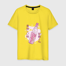 Мужская футболка хлопок с принтом Японский лимонад в Новосибирске, 100% хлопок | прямой крой, круглый вырез горловины, длина до линии бедер, слегка спущенное плечо. | Тематика изображения на принте: japan | japanese | juice | lemonade | pink | soda | strawberry | water | вода | газировка | джюс | иероглифы | кандзи | катакана | клубника | напиток | розовый цвет | символы | сода | содовая | сок | токио | хирагана | япония