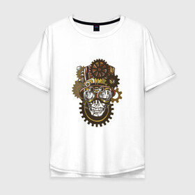 Мужская футболка хлопок Oversize с принтом Steampunk череп в Новосибирске, 100% хлопок | свободный крой, круглый ворот, “спинка” длиннее передней части | cogwheel | cogwheels | gear | gears | goggles | hat | head | mechanical | skeleton | skull | steampunk | top hat | голова | колесо | механик | механическое | очки | робот | скелет | стимпанк | фантастика | цилиндр | череп | шестерни | шляпа
