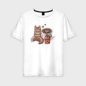 Женская футболка хлопок Oversize с принтом Завтрак мечты в Новосибирске, 100% хлопок | свободный крой, круглый ворот, спущенный рукав, длина до линии бедер
 | варенье | кофе | круассан | макарон | макарун