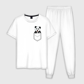 Мужская пижама хлопок с принтом Довольная Панда в Кармане в Новосибирске, 100% хлопок | брюки и футболка прямого кроя, без карманов, на брюках мягкая резинка на поясе и по низу штанин
 | Тематика изображения на принте: animals | beats | head | panda | pocket | в кармане | голова | животные | звери | лапки | любовь | панда | улыбка