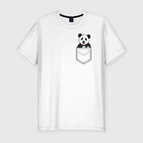Мужская футболка хлопок Slim с принтом Довольная Панда в Кармане в Новосибирске, 92% хлопок, 8% лайкра | приталенный силуэт, круглый вырез ворота, длина до линии бедра, короткий рукав | Тематика изображения на принте: animals | beats | head | panda | pocket | в кармане | голова | животные | звери | лапки | любовь | панда | улыбка