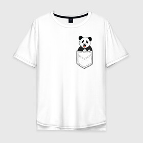Мужская футболка хлопок Oversize с принтом Довольная Панда в Кармане в Новосибирске, 100% хлопок | свободный крой, круглый ворот, “спинка” длиннее передней части | Тематика изображения на принте: animals | beats | head | panda | pocket | в кармане | голова | животные | звери | лапки | любовь | панда | улыбка