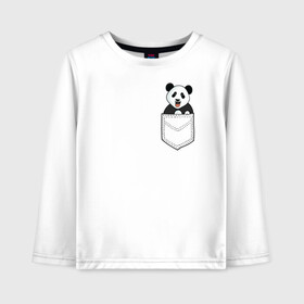 Детский лонгслив хлопок с принтом Довольная Панда в Кармане в Новосибирске, 100% хлопок | круглый вырез горловины, полуприлегающий силуэт, длина до линии бедер | animals | beats | head | panda | pocket | в кармане | голова | животные | звери | лапки | любовь | панда | улыбка